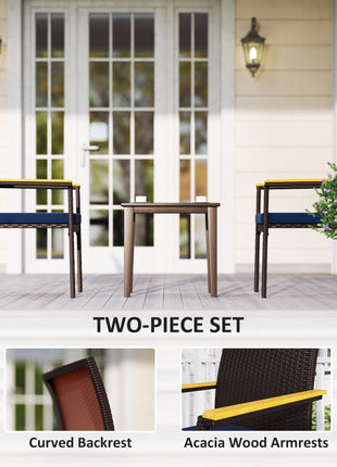 Stackable Patio Wicker Dining Chair Set of 2 with Cushions, Backrest, Armrests for Deck, Garden, Navy Blue