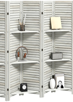 6 Panel 67" Tall Wood Privacy Screen Room Divider with 3 Shelves and Folding Storage for Bedroom, White