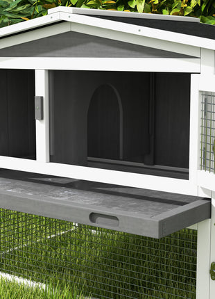Rabbit Hutch 2-Story Bunny Cage, Guinea Pig Cage Indoor Outdoor, Small Animal House with Slide Out Tray, for Rabbits, Chickens, Ducks, 61.5" x 23" x 27", Light Gray