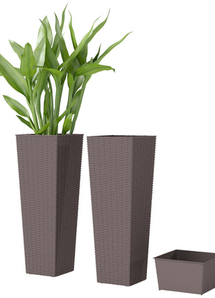 32 Inch Tall Planters for Outdoor Plants, Set of 2 Plastic Flower Pots with Drainage Holes, Brown