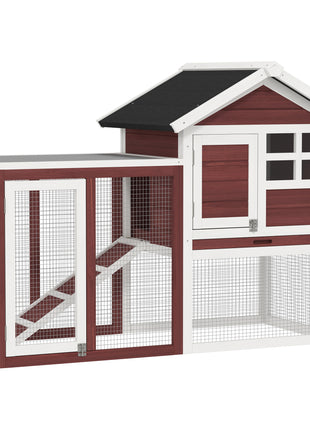 49" Wooden Rabbit Hutch Bunny Cage with Waterproof Asphalt Roof, Fun Outdoor Run, Removable Tray and Ramp, for Rabbits, Chickens, Ducks, Brown