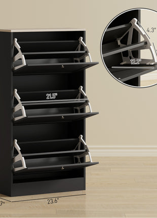 Modern Shoe Storage Cabinet with 3 Flip Drawers and Adjustable Shelves for 12-18 Pairs of Shoes, Black
