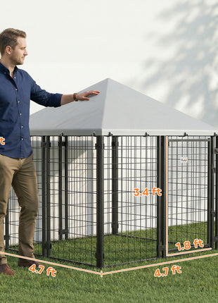 Lockable Dog House Kennel with Water-resistant Roof for Small and Medium Sized Pets, 4.7' x 4.7' x 5.1', Silver