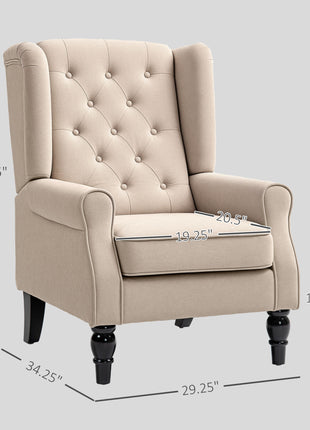 Wingback Accent Chair for Living Room, Button-Tufted Lounge Chair with Round Armrests and Wood Legs, Beige