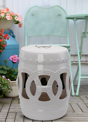 14" x 17" Ceramic Garden Stool with Double-Coin Knotted Ring Design & Strong Glazed Material, Decorative Outdoor Stool, Home Collection, White