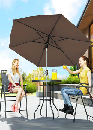 4 Piece Outdoor Bar Set with Umbrella, Patio Dining Set with 2 Folding Chairs, Wave Textured Tempered Glass Table for Backyard, Garden, Deck, Poolside, Black