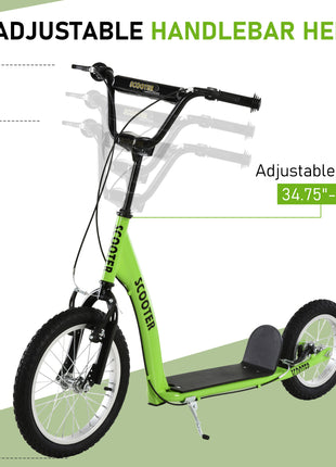 Youth Scooter Kick Scooter for Kids 5+ with Adjustable Handlebar 16" Front and 12" Rear Dual Brakes Inflatable Wheels, Green