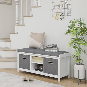 Shoe Storage Bench with Cushioned Seat, Entryway Bench Seat with 2 Drawers and Adjustable Shelf for Hallway, White