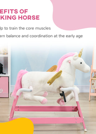 Kids Spring Rocking Horse Unicon, Ride on Horse for Girls and Boys with Sounds, Plush Animal Ride-on Toy with Soft Feel, Interactive Toy for Kids, Pink