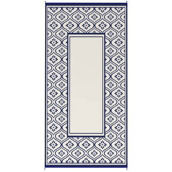 Reversible Outdoor Rug, Waterproof Plastic Straw with Carry Bag, 9' x 18', Blue & White Gourd Border