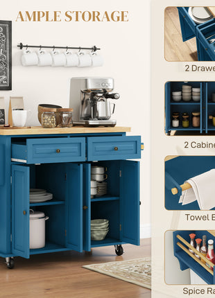 Kitchen Island on Wheels, Rolling Cart with Rubberwood Top, Spice Rack, Towel Rack and Drawers, Turquoise