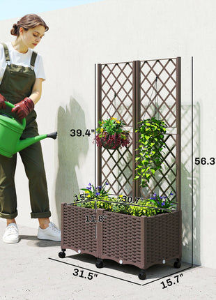 Planter Box with Trellis, Self Watering Raised Garden Bed with Lockable Wheels and Drainage Holes, Brown