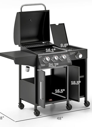 3 Burner Propane Gas Grill with Side Burner Barbecue Grill with Shelves, 9.5 KW Output, 310 Sq. in. Cooking Area