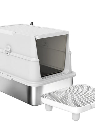 Extra Large Stainless Steel Cat Litter Box for Big Cats with Flip Cover, High-Sided Enclosure & Scoop
