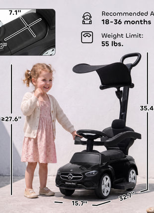 4 in 1 Toddler Push Car Licensed Benz with Push Handle, Guardrails, Canopy, Horn, Music, Storage for 18-36 Months, Black