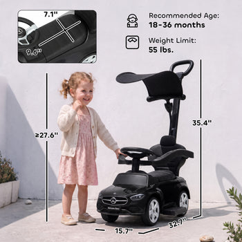 4 in 1 Toddler Push Car Licensed Benz with Push Handle, Guardrails, Canopy, Horn, Music, Storage for 18-36 Months, Black
