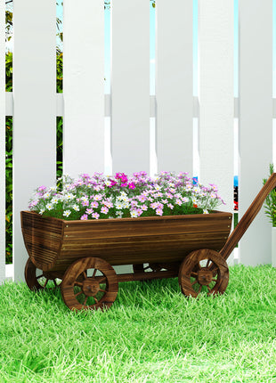 Wooden Wagon Planter Box, Mobile Garden Planter with 4 Wheels, Small Wheelbarrow Wagon Flower Cart with Drainage Hole