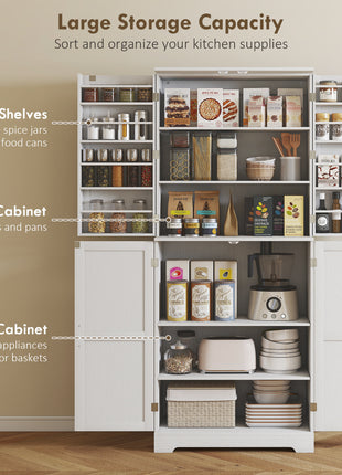 Farmhouse Kitchen Pantry, 72" Tall Pantry Cabinet with 4 Barn Doors, 4 Adjustable Shelves and 8 Door Shelves, White