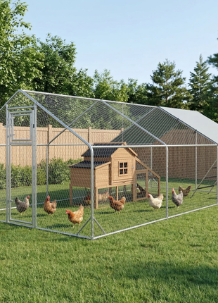 Metal Chicken Run w/ Waterproof & Anti-UV Cover, Feeding Door, Hanging Feeder, for 18-24 Chickens, 9.8' x 19.7' x 6.4'