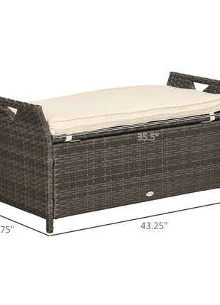 29 Gallon Patio Wicker Storage Bench, Outdoor PE Rattan Furniture, 2-In-1 Large Capacity Rectangle Garden Storage Box with Handles and Cushion, Cream White