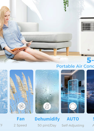 10,000 BTU Moible Air Conditioner 440 Sq. Ft., Dehumidifier Fan Auto Sleep with 24H Timer On/Off, Window Kit, White