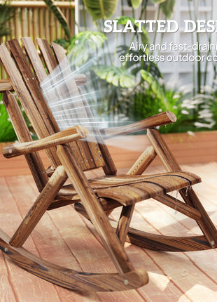 Outdoor Wooden Rocking Chair, Single-Person Adirondack Rocking Patio Chair with Rustic High Back, Slatted Seat and Backrest for Indoor, Backyard, Garden, Carbonized