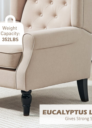 Wingback Accent Chair for Living Room, Button-Tufted Lounge Chair with Round Armrests and Wood Legs, Beige