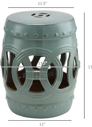 14" x 17" Ceramic Garden Stool with Double-Coin Knotted Ring Design & Strong Glazed Material, Decorative End Table, Home Collection, Antique Blue