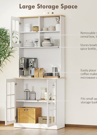 Kitchen Pantry Cabinet, 72" Freestanding Storage Cabinet with Hutch, Large Countertop, Glass Doors and Adjustable Shelves, Microwave Cabinet, Coffee Bar Cabinet for Dining Room, White