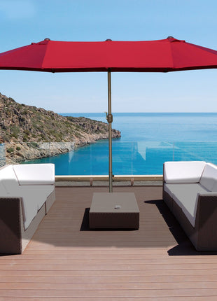 Patio Umbrella 15' Steel Rectangular Outdoor Double Sided Market with base, UV Sun Protection & Easy Crank for Deck Pool Patio, Wine Red