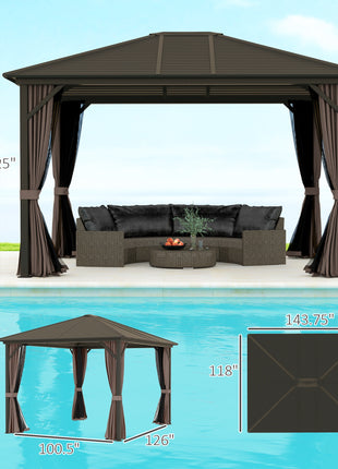 10' x 12' Hardtop Gazebo with Curtains and Netting, Gazebo Canopy with Aluminum Frame and Hooks, Coffee