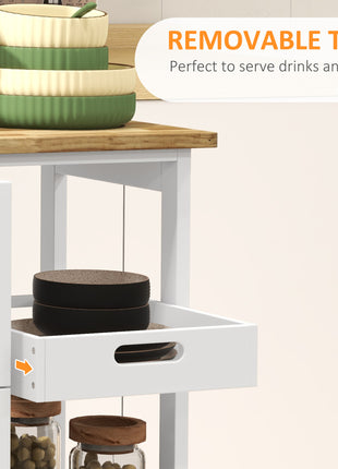 Rolling Kitchen Cart, Kitchen Island with Wood Top, Shelves & Drawers for Dining Area, White