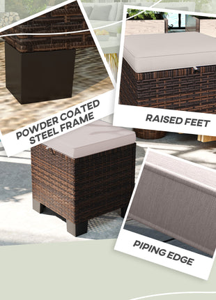 2 Piece Wicker Outdoor Ottomans with Cushions, Rattan Ottoman Footrest and Side Table for Patio, Yard, Poolside, Cream
