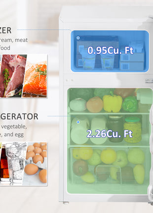 3.2 Cu.Ft Mini Fridge with Freezer, Compact Refrigerator with Adjustable Thermostat, Shelf and Double Reversible Door for Bedroom, Dorm, Home Office, Energy Efficient, White