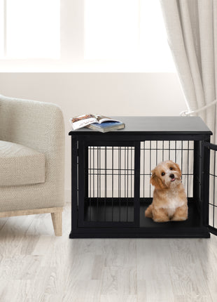 Dog Crate Furniture, 32" Small Dog Cage End Table with 2 Doors, Lockable Door, Puppy Kennel Indoor, Black