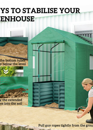 Greenhouse with Raised Garden Bed, Galvanized Steel Outdoor Greenhouse with Roll Up Door, 56" x 56" x 75", Green