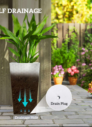 Tall Planters for Outdoor Plants Set of 3, 24 In Taper Planters with Drainage Holes, Rattan Decor Plant Pots, White
