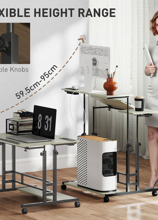Adjustable Standing Desk with Power Outlets, Stand Up Desk with Tiltable Tabletop, Wheels, Shelf, for Home Office, Oak