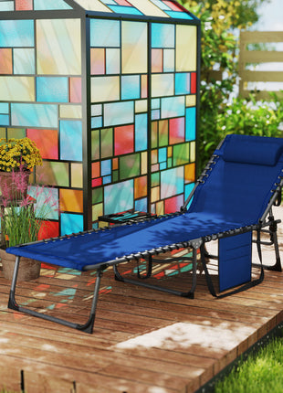 Folding Outdoor Chaise Lounge Chair Tanning Chair with 5-Level Adjustable Back, Side Table, Pillow, Pocket, Dark Blue