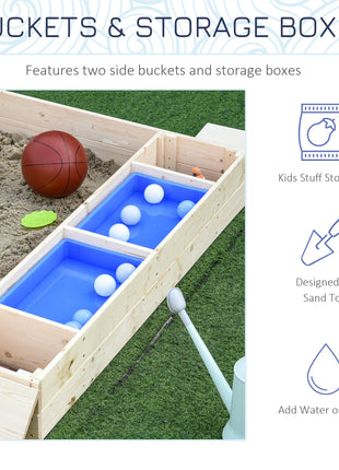 Kids Wooden Sandbox w/ Two Plastic Boxes Foldable Bench Seat Waterproof Cover Bottom Liner Storage Space