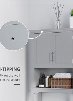 Modern Over The Toilet Storage Cabinet, Double Door Bathroom Organizer with Inner Adjustable Shelf and Open Shelf, Gray