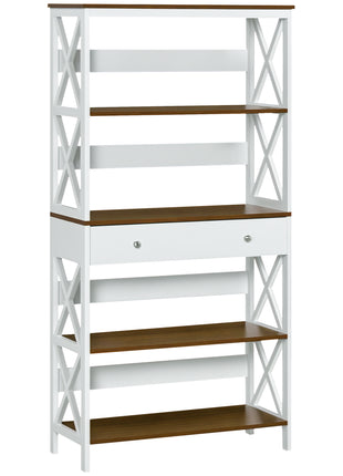 4-Tier Shelving Bookcase Storage Cupboard with Pull Out Drawer, and Wooden Frame with X Bar Stability, White