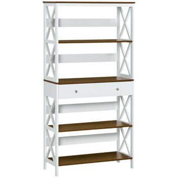 4-Tier Shelving Bookcase Storage Cupboard with Pull Out Drawer, and Wooden Frame with X Bar Stability, White