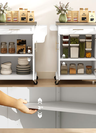 Kitchen Island on Wheels, Rolling Kitchen Cart with Stainless Steel Countertop, Drawer, Towel Rack and Spice Rack, Utility Storage Trolley, White