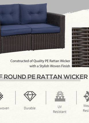 2 Piece Patio Wicker Corner Sofa Set, Outdoor PE Rattan Furniture, with Curved Armrests and Padded Cushions for Balcony, Garden, or Lawn, Dark Blue