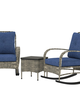 3 Piece Wicker Patio Furniture Set, Outdoor PE Rattan Rocking Chairs with Coffee Table, Cushions for Porch, Gray