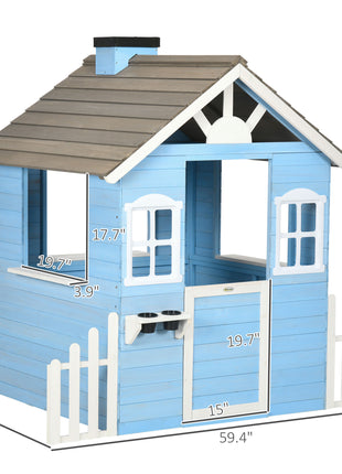 Wooden Playhouse for Kids Outdoor with Flower Pot Holders, Door, Windows, Service Stations for 3-7 Years, Blue