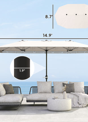 15ft Rectangle Patio Umbrella UPF30+ Extra Large Outdoor Umbrella with Fringe and Crank Handle, Cream White