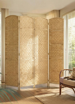 Folding Room Divider Screen 4 Panel 6' Tall Privacy Screen Freestanding Wood Partition for Home Office, Nature Wood