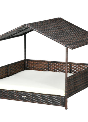 Outdoor Dog Bed with Canopy, Rattan Dog Bed with Soft Cushion Removable Cover for Medium and Large Dogs, Cream White